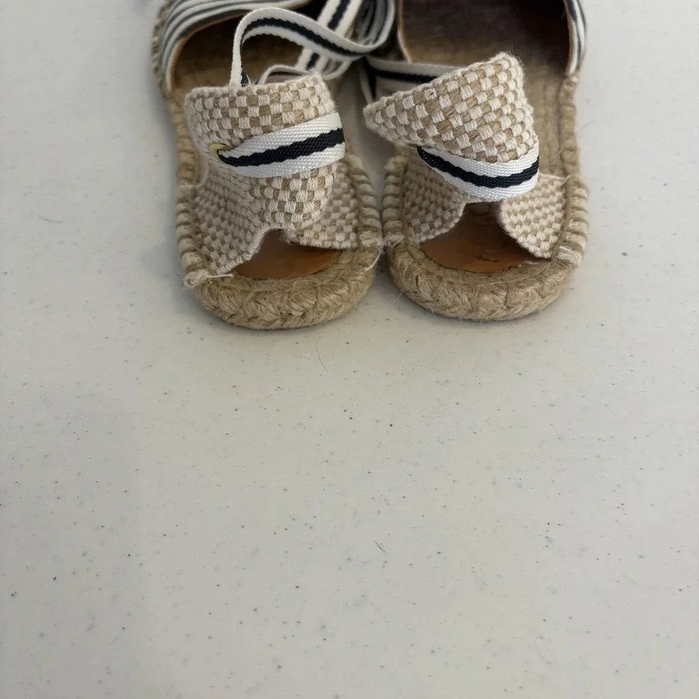 J Crew Shoes Womens Size 8 Navy Ivory‎ Espadrille Stripe Ankle Tie Flats Summer